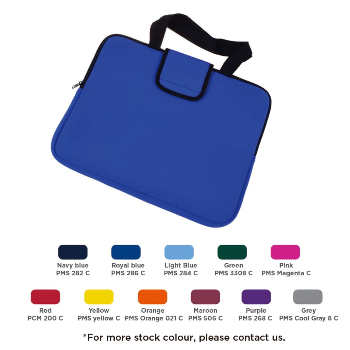 A blue zippered bag with a handle is displayed. Below, there are color swatches with names and PMS codes: navy blue, royal blue, light blue, green, pink, red, yellow, orange, maroon, purple, and grey. A note invites contact for more stock colors.