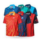 Six colorful sports jerseys are displayed. Each has a distinct, vibrant pattern with radial designs in blue, red, and teal shades. The shirts include logos and text, illustrating various team branding styles.