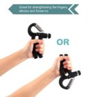 Two hands holding identical black hand grip strengtheners with metal springs. Text above reads, Great for strengthening the fingers, elbows and forearms. The word OR is displayed between the two grip positions.