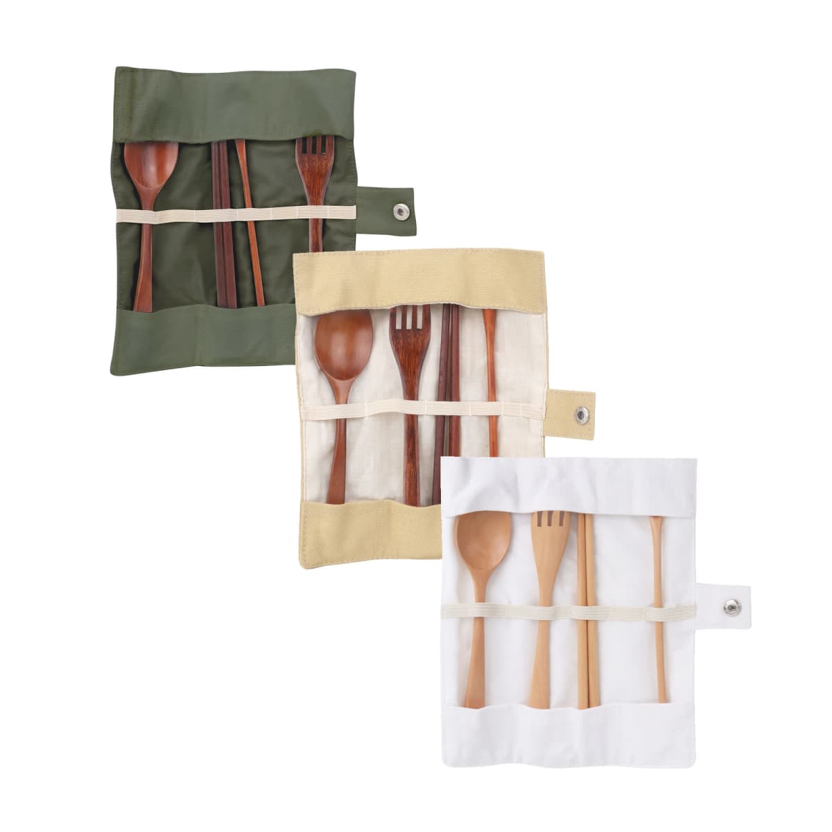 Three sets of wooden cutlery in fabric pouches: one green with dark wood, one beige with medium wood, and one white with light wood. Each set includes a spoon, fork, knife, and chopsticks, secured with elastic bands.