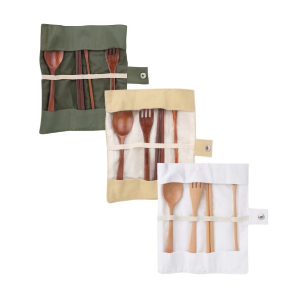 Three sets of wooden cutlery in green, beige, and white fabric pouches. Each set includes a fork, spoon, and chopsticks neatly wrapped with a snap closure.