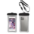 Two transparent waterproof phone pouches are shown with lanyards attached. One pouch contains a smartphone with apps visible on the screen, while the other shows the back of a smartphone with a camera. Both pouches have black closures.