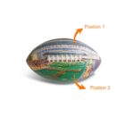 A colorful football with illustrations of a stadium and crowd. Two orange arrows point to areas with text Postion 1 and Postion 2.