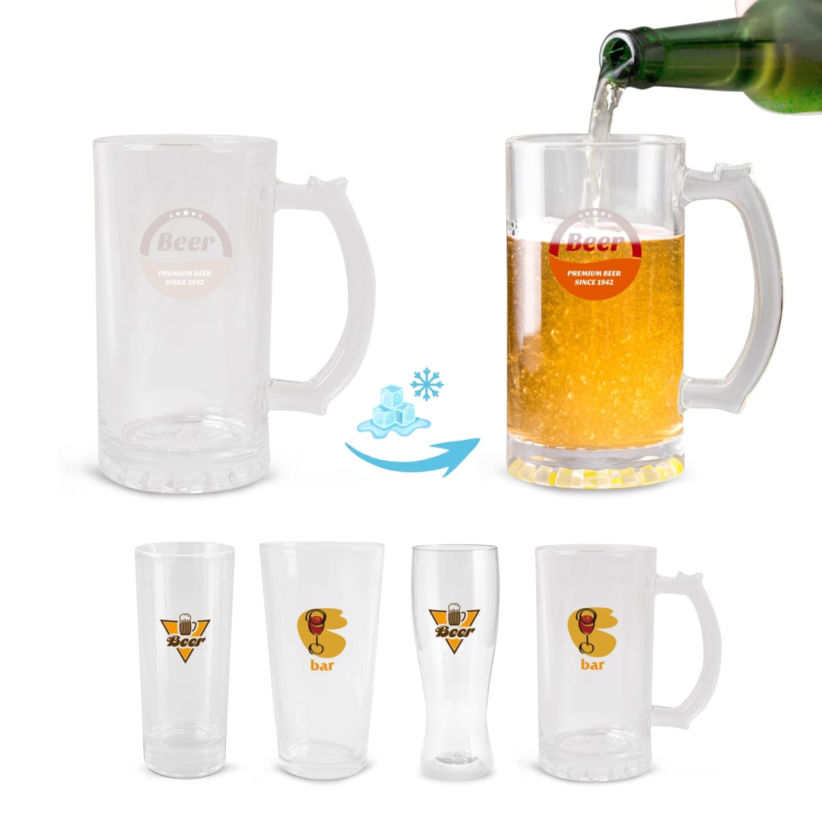 Two clear beer mugs, one being filled with beer, and three empty beer glasses below.