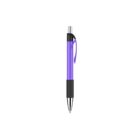 A retractable ballpoint pen with a purple barrel, black grip, and clip, against a plain white background.