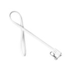 A white lanyard with a metal swivel clasp lies on a white background.