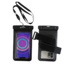 Two black waterproof phone pouches are shown. The front pouch displays a phone with a colorful circular pattern. The back pouch shows a phone with three cameras and a Velcro strap. Both pouches have lanyards attached.