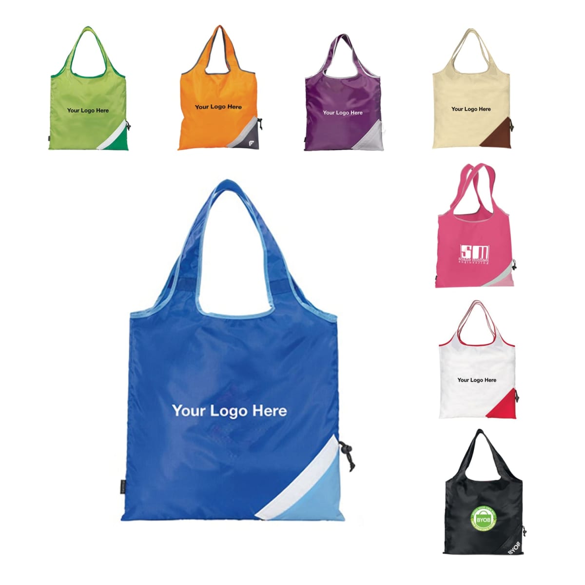 Image of eight reusable shopping bags in various colors, each featuring a customizable logo area. One large blue bag is central, surrounded by smaller bags in green, orange, purple, beige, pink, black, and light blue.