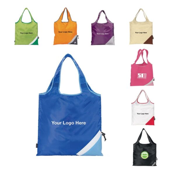 Image showing a collection of reusable shopping bags in various colors, including blue, green, orange, purple, beige, pink, red, and gray. Some bags display text or logos, and the blue bag is prominently shown in the center.