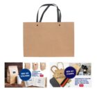 A brown paper shopping bag with black handles is displayed at the top. Below are images showing customizable items: stickers on packets, available in various shapes, and stamps on bags. Text highlights color options and customization details.