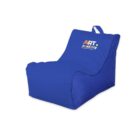 Blue bean bag chair with a backrest and armrests. Features the text ART academy printed in multicolored letters on the backrest. There is a loop handle on the top for easy carrying.