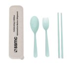 A set of light blue reusable utensils including a spoon, fork, and chopsticks, placed next to a beige case with text reading Celebrating 1 Million Automotive Wafer Shipments - SSMC.