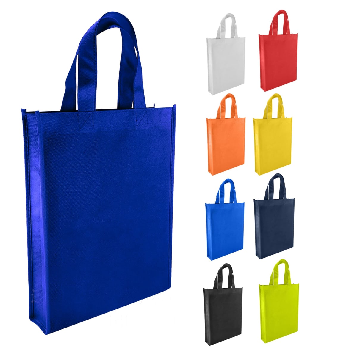 A large blue reusable shopping bag is displayed on the left. To the right, there are eight smaller bags in various colors: white, red, orange, yellow, green, blue, navy, and black. All bags have short handles.