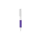 A white and purple retractable pen with a clip, lying against a plain white background.