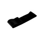 A black resistance loop band is laying flat against a white background. The band is slightly twisted in the middle, showcasing its elastic nature.