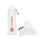 Two white collapsible water bottles with lids and black carabiners, one standing, one folded.