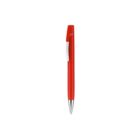 A red ballpoint pen with a silver clip and tip is centered on a white background.
