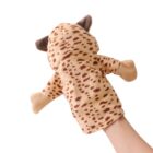 A person’s hand is shown wearing a leopard-print hand puppet with brown spots and small brown ears, against a plain white background.