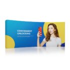 A woman in a white shirt holds a red smartphone, smiling at a blue and yellow backdrop. The text reads, CONVENIENT UNLOCKING, promoting fingerprint or face unlock features.
