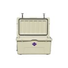 A beige, plastic cooler with an open lid, revealing its empty interior. The cooler has a rectangular shape and a logo with the text 54qt on the front. The lid features two latches for secure closing.