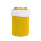 A can labeled Crystal Spring Peach Tea snugly wrapped in a bright yellow koozie with a soft white trim at the top. The cans top and part of the label are visible above the koozie. The background is plain white.