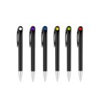 Six black pens with silver tips in a row, each featuring a different colored button on top: purple, blue, yellow, green, and red. The pens are set against a plain white background.