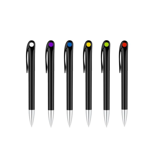 Six black pens with silver tips are arranged in a row against a white background. Each pen has a colored button on top: purple, blue, yellow, green, blue, and red, from left to right.