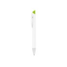 A sleek white pen with a silver tip and a triangular green top. The pen features a pocket clip and is set against a plain white background.