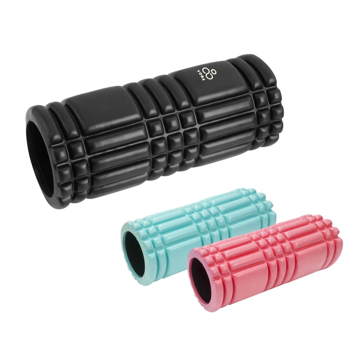 Three foam rollers: one large black, one small blue, and one small pink.