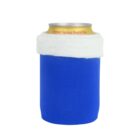 A can of Crystal Spring Peach Tea wrapped in a bright blue and white koozie. The koozie covers the body of the can, leaving the top visible. The design is simple, with a focus on its functionality.