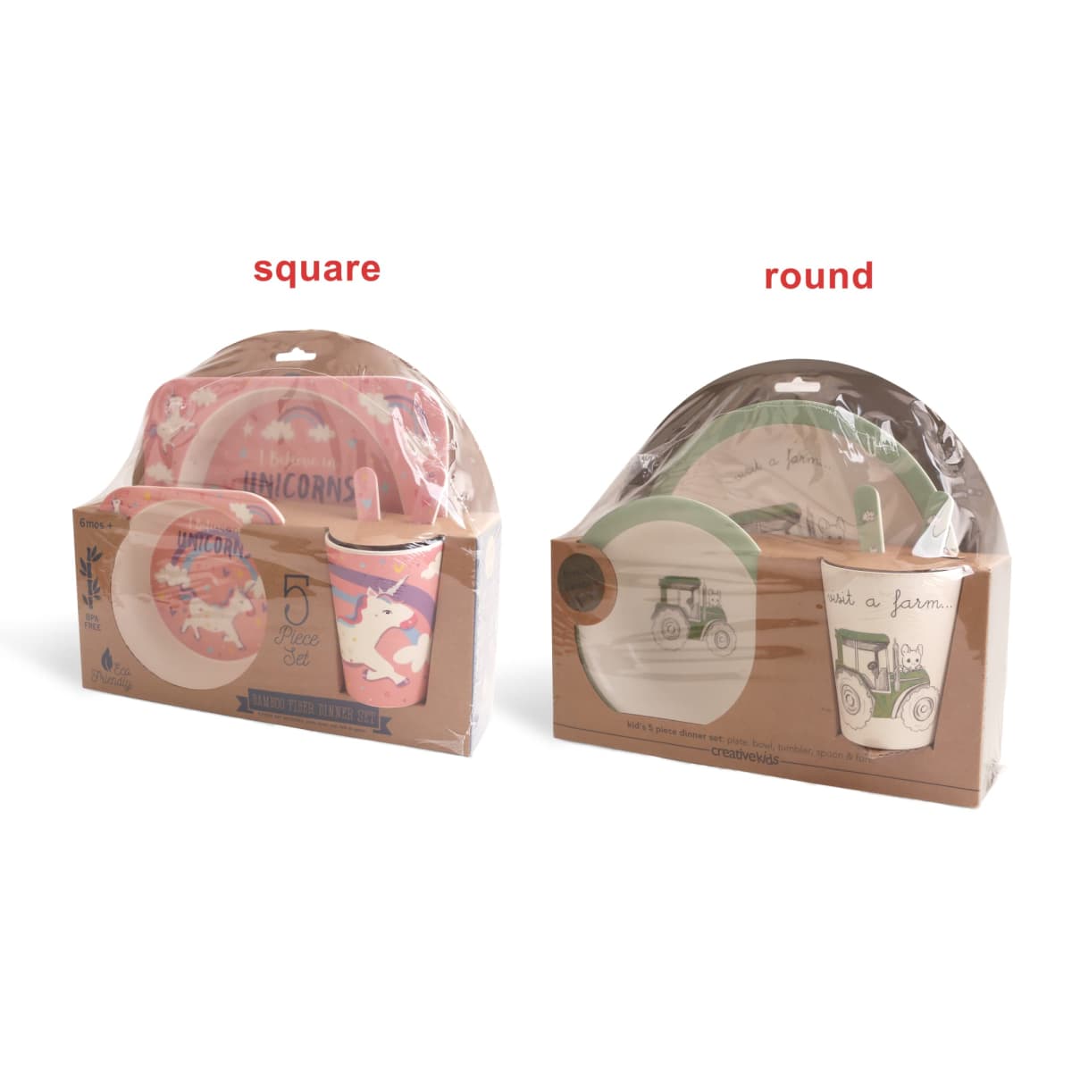 Two packs of childrens dinnerware sets are displayed. The left set is unicorn-themed with square pieces, while the right set has a farm tractor theme with round pieces. Both sets are in clear packaging on a white background.