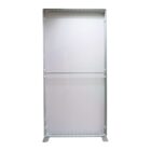 A tall, rectangular, empty glass display cabinet with a silver metal frame, standing on a gray background.