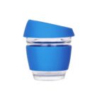 A clear glass cup with a blue silicone band and a blue lid, designed for drinking. The lid is slightly tilted, and the cup is empty.