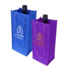 Two bags, one blue and one purple, each with a bottle inside. Both bags have a cord handle and feature a logo with the text Lorem Ipsum.