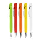 Five ballpoint pens with silver tips, arranged vertically in a row. From left to right, the pen colors are green, red, orange, yellow, and white. Each pen has a silver clip on the cap. The background is white.