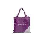 A purple reusable shopping bag with white trim and a small gray pocket on the bottom. The bag displays the text Your Logo Here in white on the front.