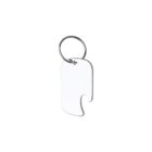 A transparent, curved acrylic keychain with a metal ring.