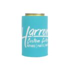 A turquoise can cooler with white text reading Harrow Custom Guitars along with Repairs | Parts | Builds, partially concealing a can inside.