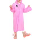 Child wearing a bright pink raincoat and clear boots, holding hood strings.