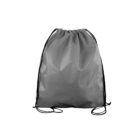 A gray drawstring backpack with black straps and cinched top opening, displayed against a white background.