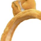 A close-up of a plush headband with yellow fuzzy fabric. The headband features two small, rounded ears with light brown and white detailing. The background is plain white.