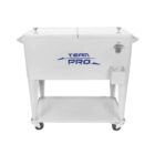 White rolling cooler from Team Pro with two compartments, a bottle opener on one side, and a small container beneath it. Features four wheels for mobility and a lower shelf for extra storage.