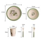 Childrens dining set with tractor and bunny designs. Includes plates (21.2 cm, 15.5 cm), cup (7.8 cm), fork (13.6 cm, 2.2 cm), and spoon (13.6 cm, 3 cm). Plates and spoon have green edges; items feature farm-themed illustrations.