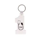 A keychain shaped like the number one. It is white with a black design of a stethoscope and microphone, and the letters mso are printed on it.