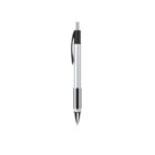 A silver and black retractable ballpoint pen with a pocket clip, photographed against a white background.