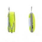 A bright yellow zippered pouch with grey edges and a loop handle is shown in two views: one from the front and the other from the side.