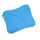 A blue laptop sleeve with curved stitch designs and a zipper closure is shown against a white background.
