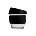 Glass cup with a black silicone band around the middle and a black lid. The design is sleek and modern, suitable for both hot and cold beverages. The lid fits snugly, providing spill resistance.