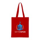 Red tote bag featuring a blue and orange logo resembling a stylized castle with a flag, above the text VECTOR EPS10.