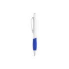 A blue and white retractable ballpoint pen with a blue grip and silver tip, isolated on a white background.